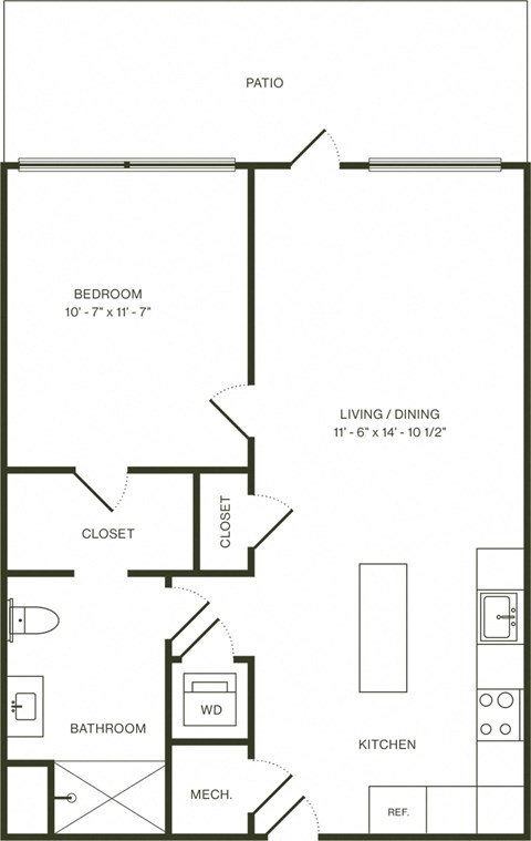 Floor plan for 1 bed, 1 bath, 652 sqft